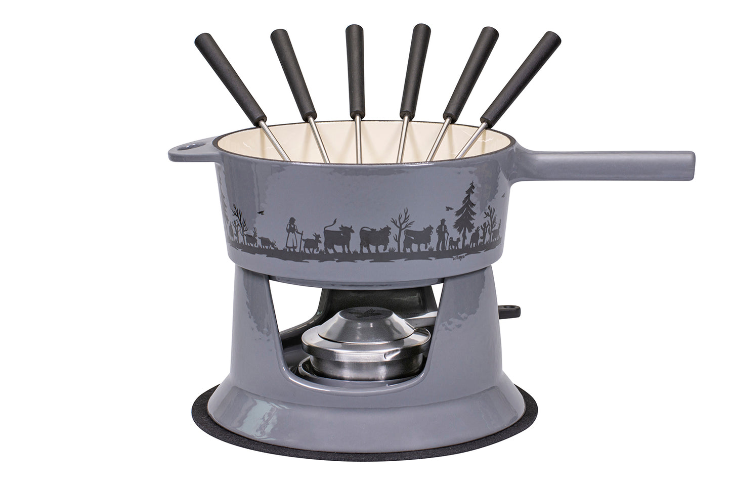 Käsefondue-Set G22 Guss "Alpaufzug Familie", 9-teilig