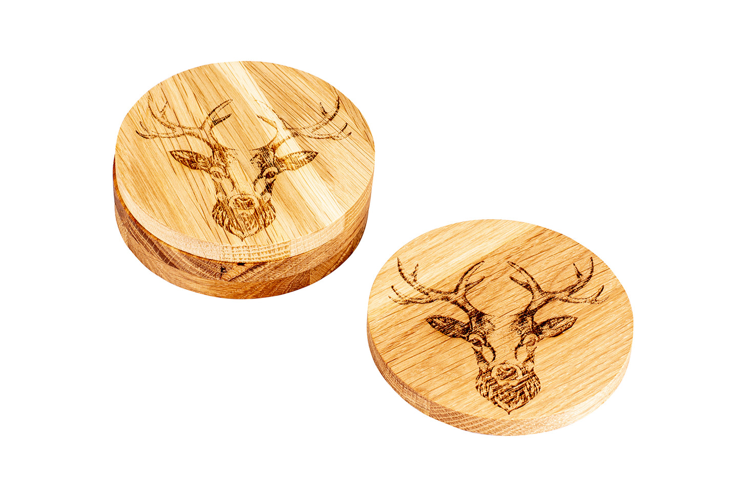 Holz-Untersetzer "Hirsch Zoom", Eiche, Ø 10 cm, 4er-Set