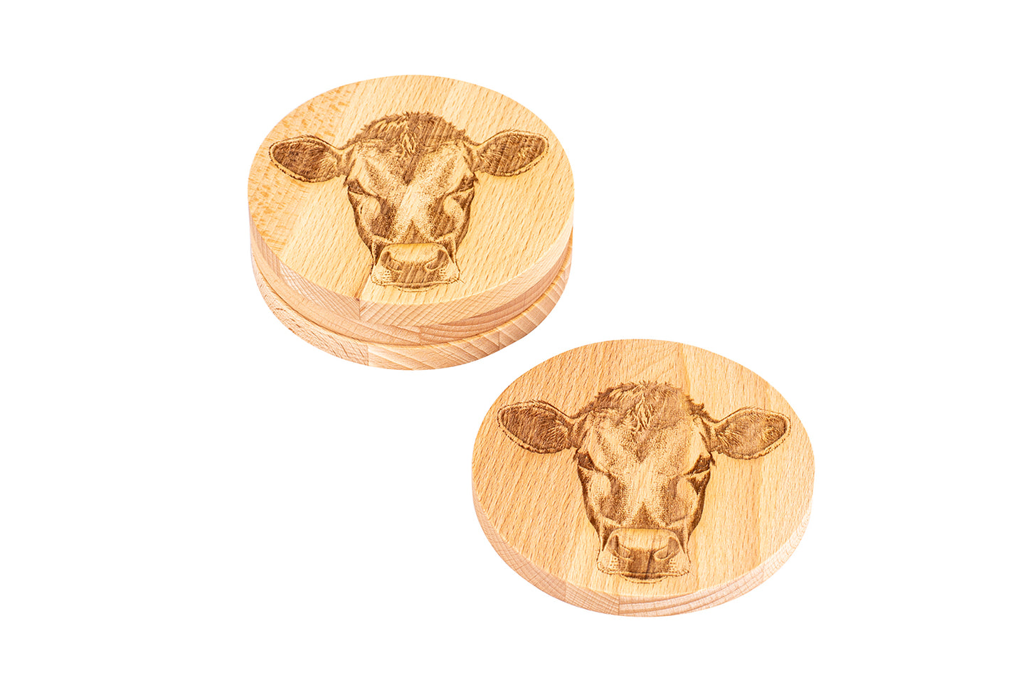 Holz-Untersetzer "Kuh", Buche, Ø 10 cm, 4er-Set