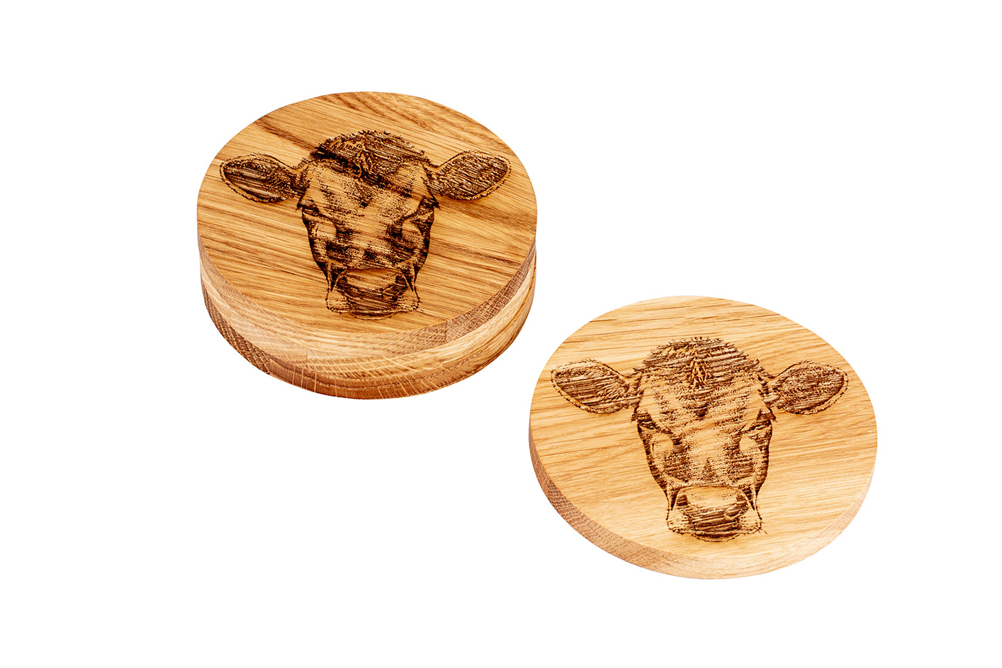 Holz-Untersetzer "Kuh", Eiche, Ø 10 cm, 4er-Set
