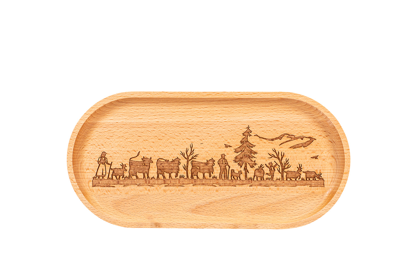 Holzteller oval, "Alpaufzug Familie", Buche, div. Grössen