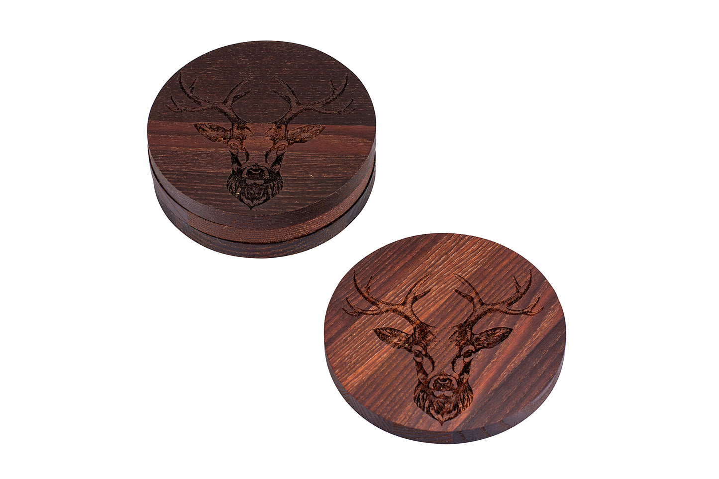 Holz-Untersetzer "Hirsch Zoom", Thermo Esche, Ø 10 cm, 4er-Set