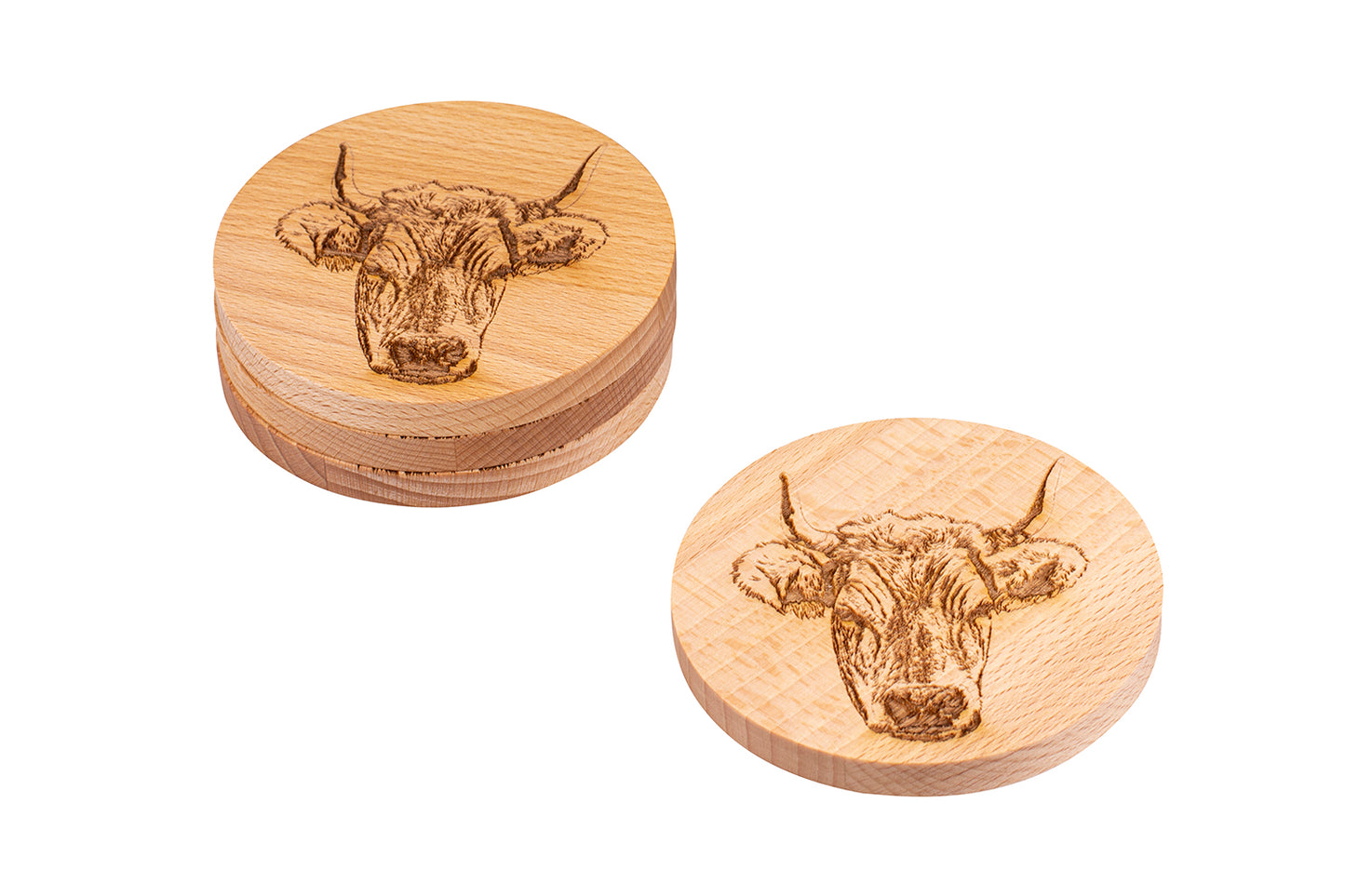 Holz-Untersetzer "Hornkuh", Buche, Ø 10 cm, 4er-Set