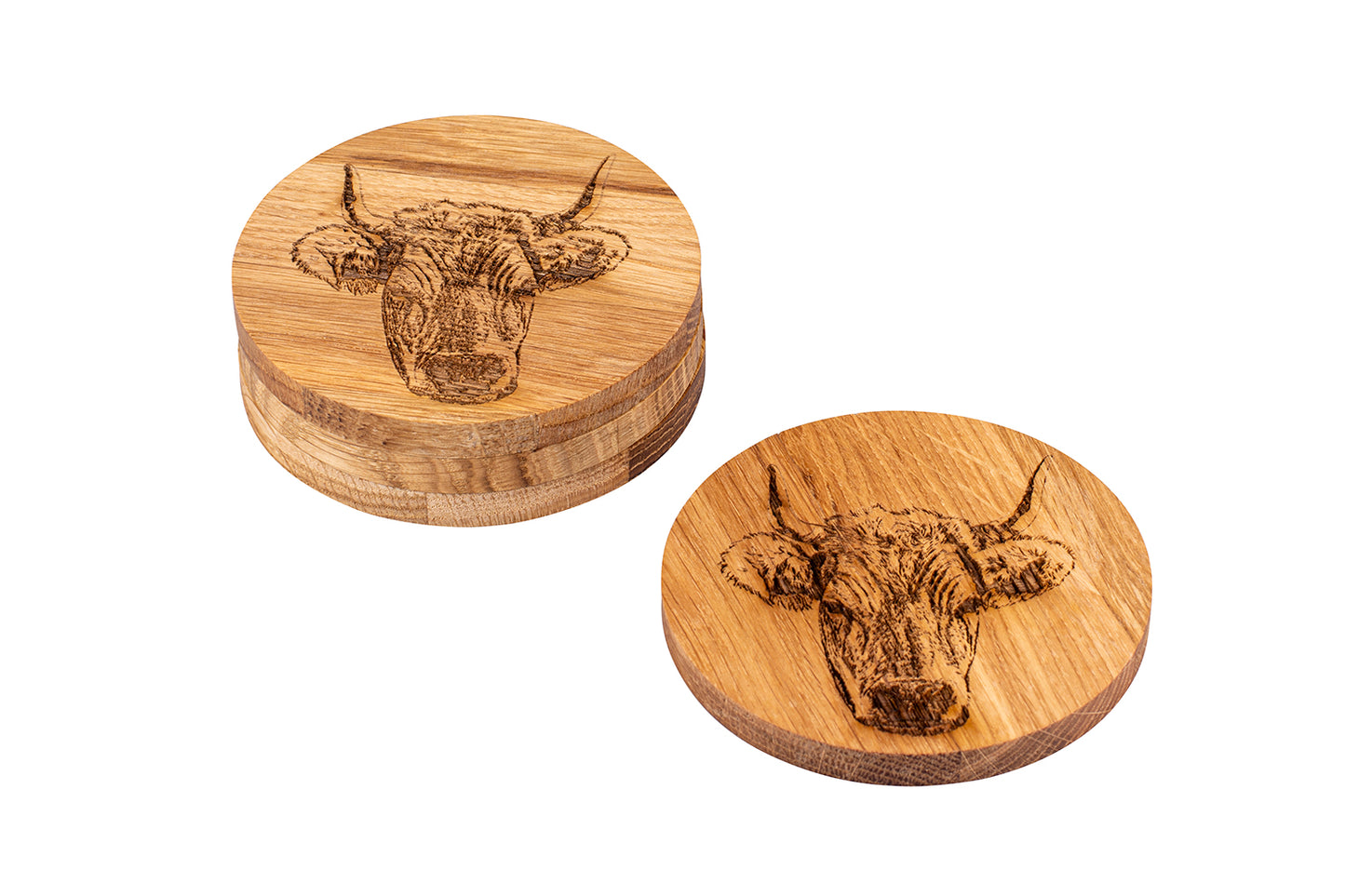 Holz-Untersetzer "Hornkuh", Eiche, Ø 10 cm, 4er-Set