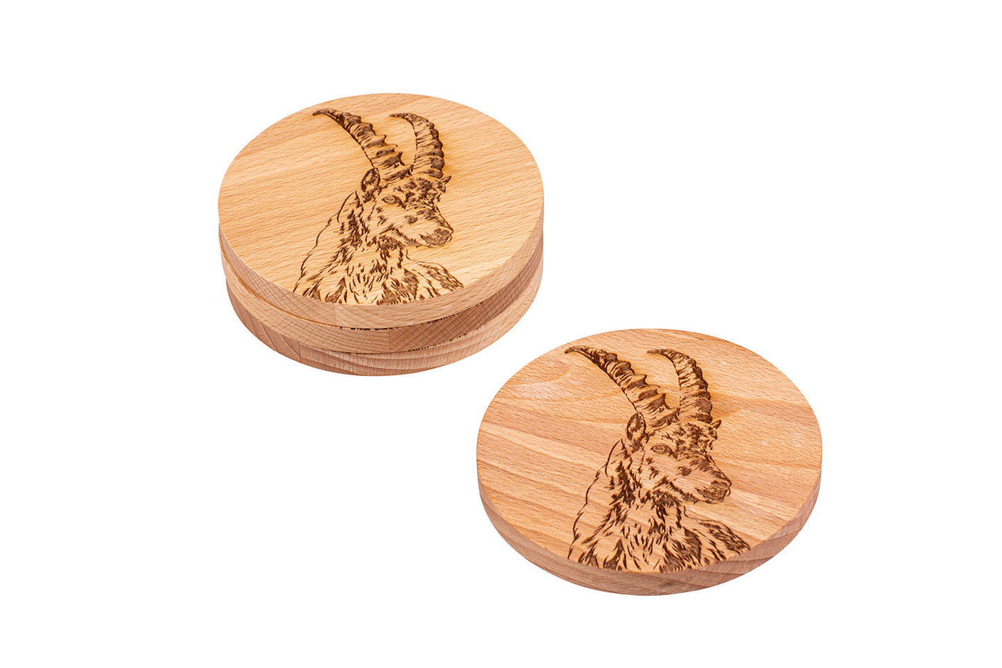 Holz-Untersetzer "Junger Steinbock", Buche, Ø 10 cm, 4er-Set