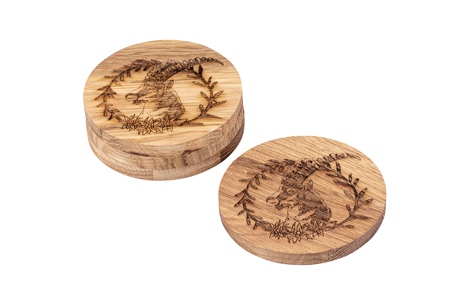 Holz-Untersetzer "Steinbock Kranz", Eiche, Ø 10 cm, 4er-Set