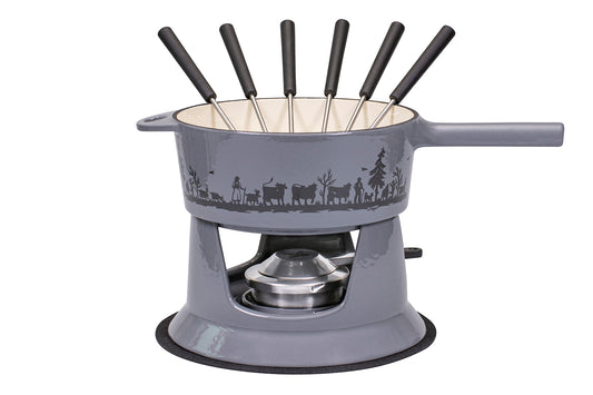 Käsefondue-Set G22 Guss "Alpaufzug Familie", 9-teilig